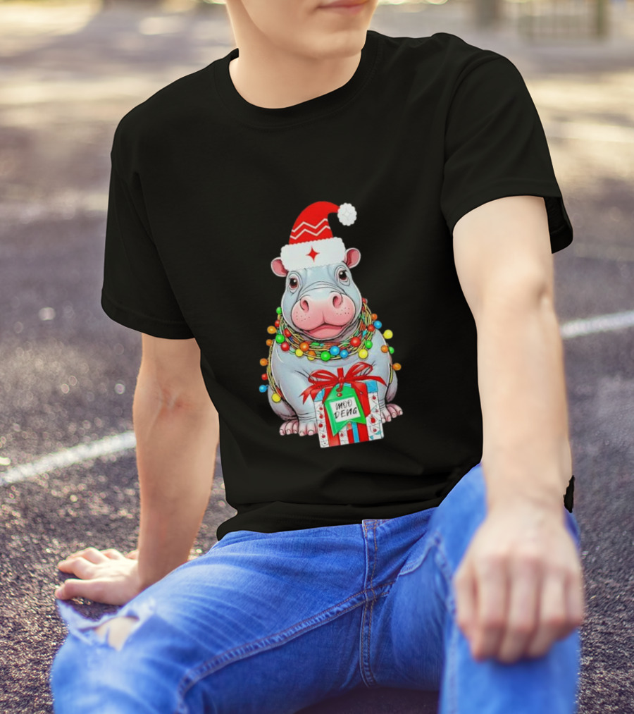 Moo Deng Merry Christmas Lights Tree Santa Hippo With Gift T-Shirt