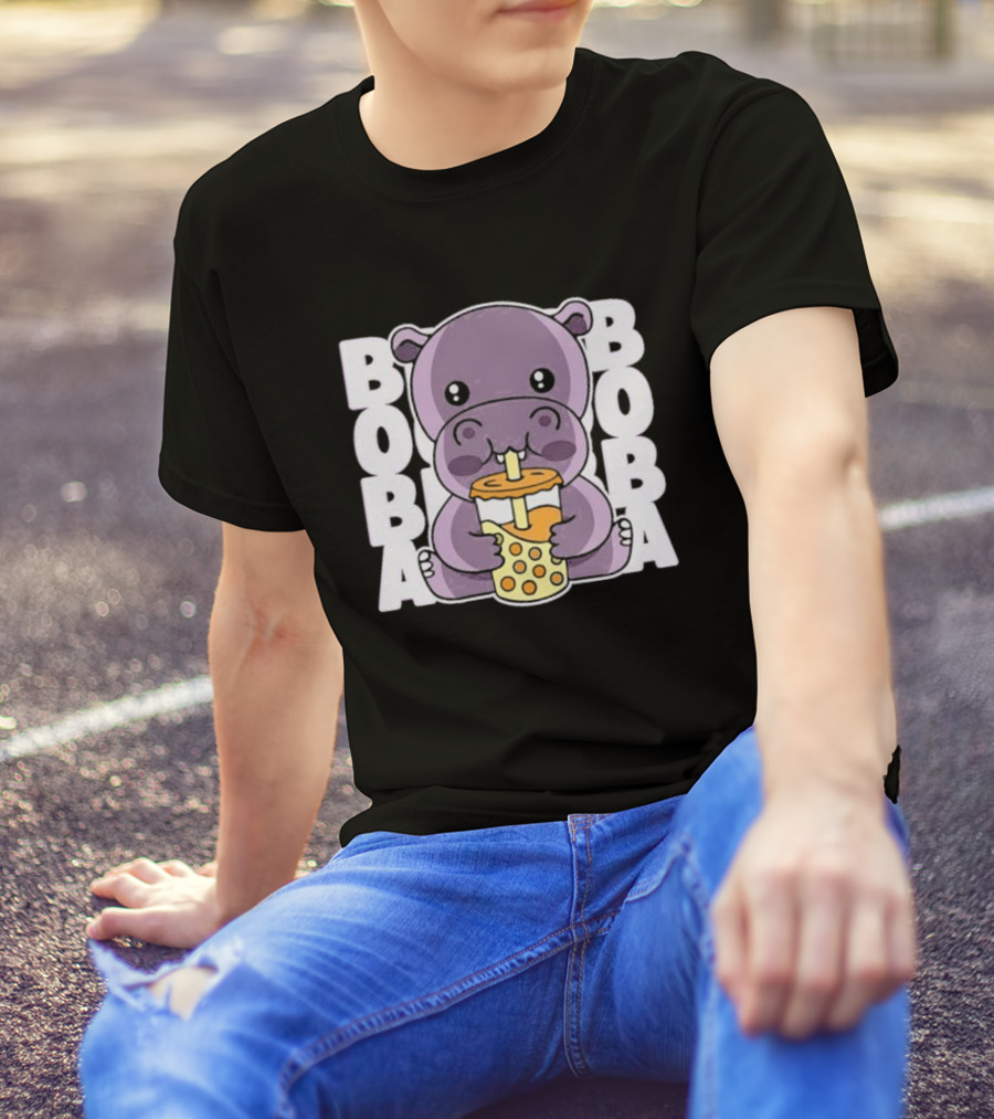 Kawaii Hippo Boba Tea Moo Deng Hippo Boba Boba T-Shirt