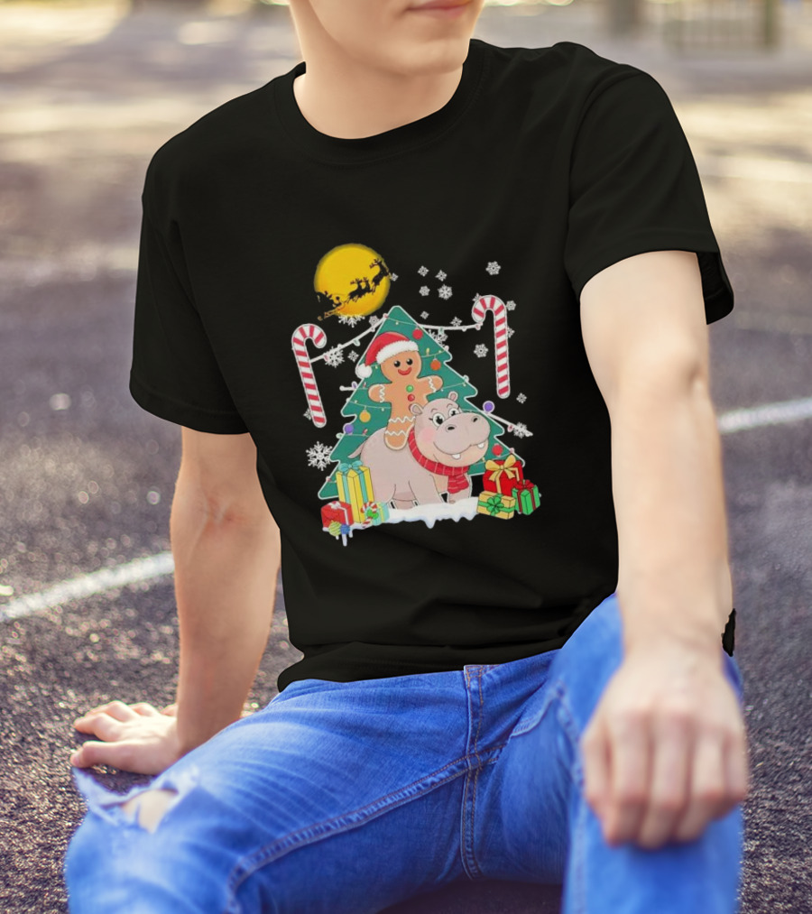 Santa Gingerbread Riding Hippo Christmas Candy Canes Snowflake Christmas Tree T-Shirt