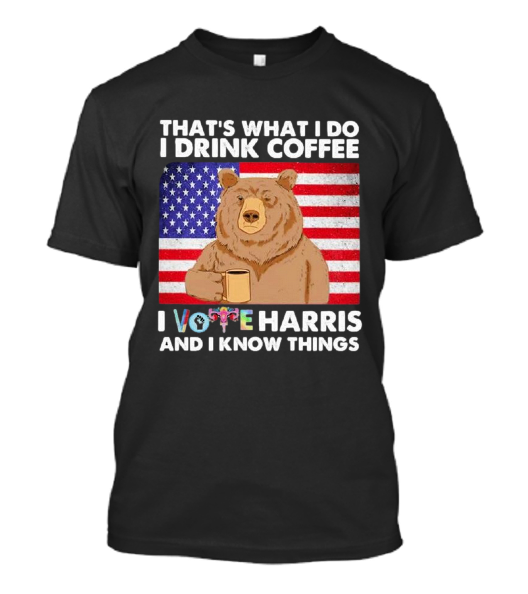 That’s What I Do I Drink Coffee I Vote Harris And I Know Things Bear American Flag T-Shirt