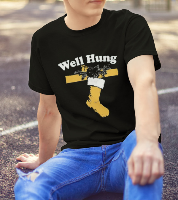 Well Hung Christmas Stocking Shot With Garland And Gift T-Shirt