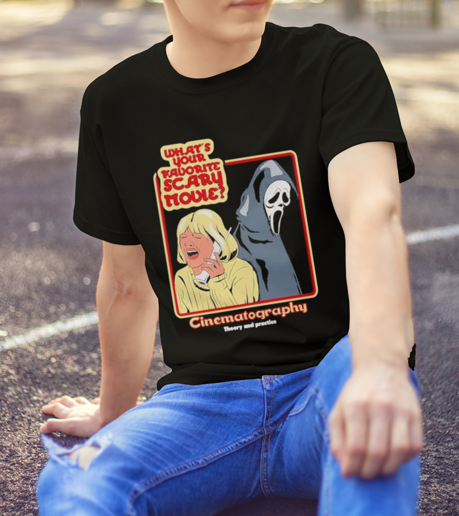 What’s Your Favorite Scary Movie Cinematography Theory And Practice Ghost Mask Girl On Phone T-Shirt
