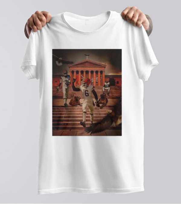 Cleveland Browns Vs. Philadelphia Eagles 2024 NFL Week 6 Showdown At Iconic Landmark With Eagles And Football Players T-Shirt