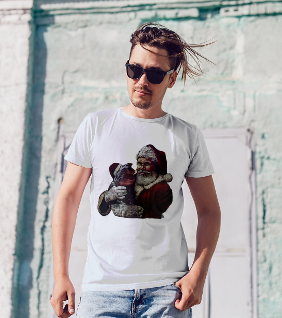 Moo Deng Xmas Funny Christmas Santa Hug Cute Baby Hippo Santa Claus Holiday T-Shirt