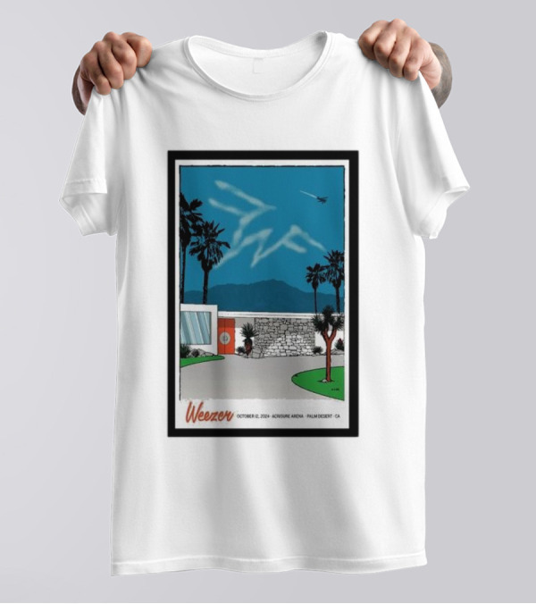 Weezer October 12 2024 Acrisure Arena Palm Desert CA Desert Scene With Jet And Palm Trees T-Shirt