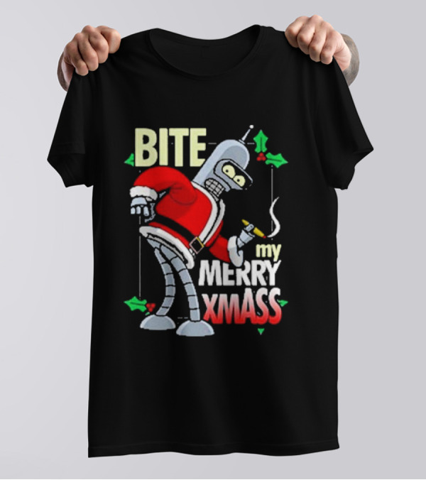 Bite My Merry Xmass Santa Robot Smoking Cigar T-Shirt
