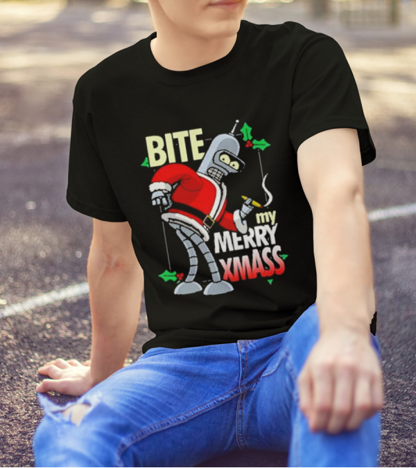 Bite My Merry Xmass Santa Robot Smoking Cigar T-Shirt
