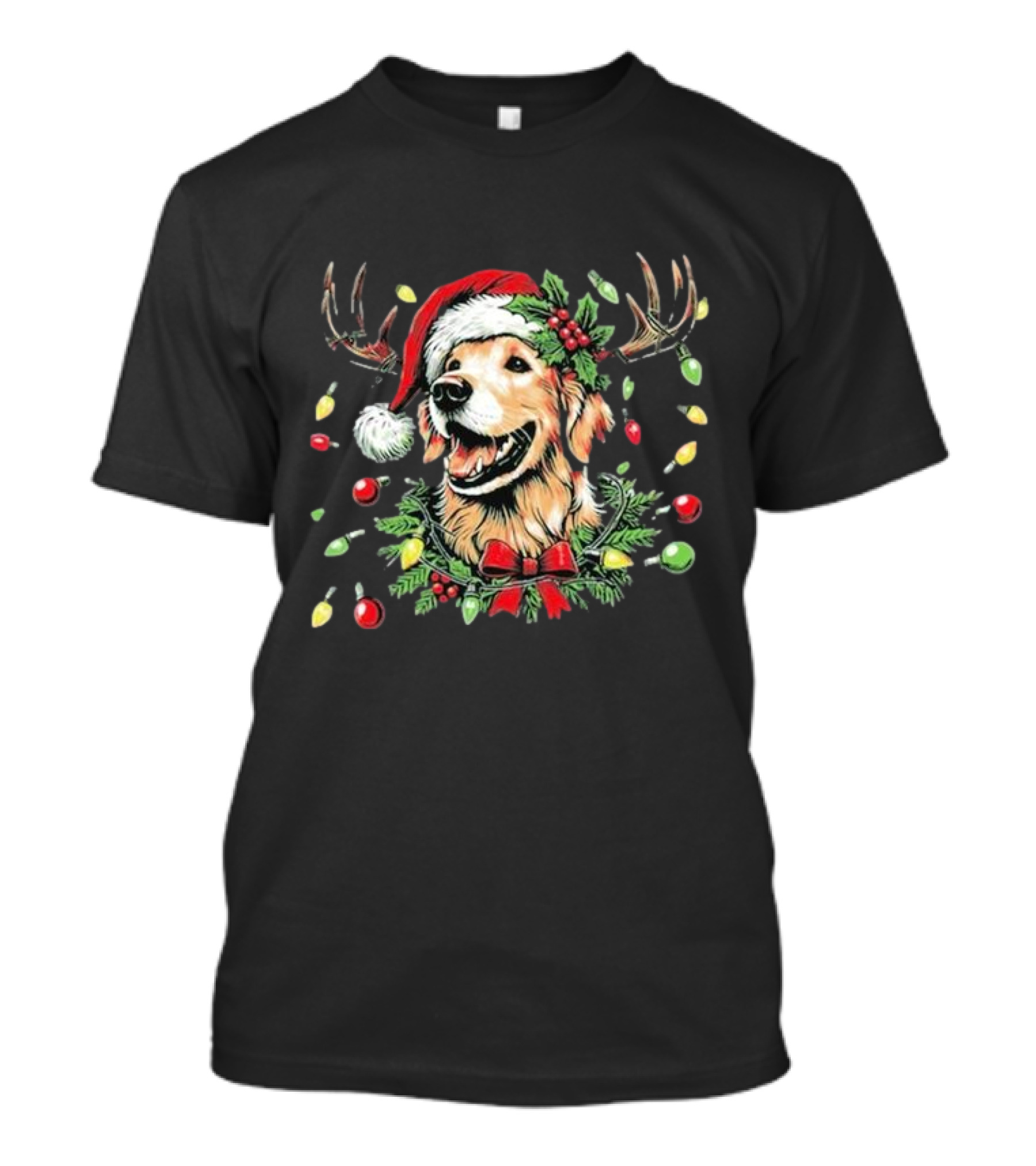 Christmas 2024 Reindeer Antlers Santa Hat Dog Festive Lights T-Shirt