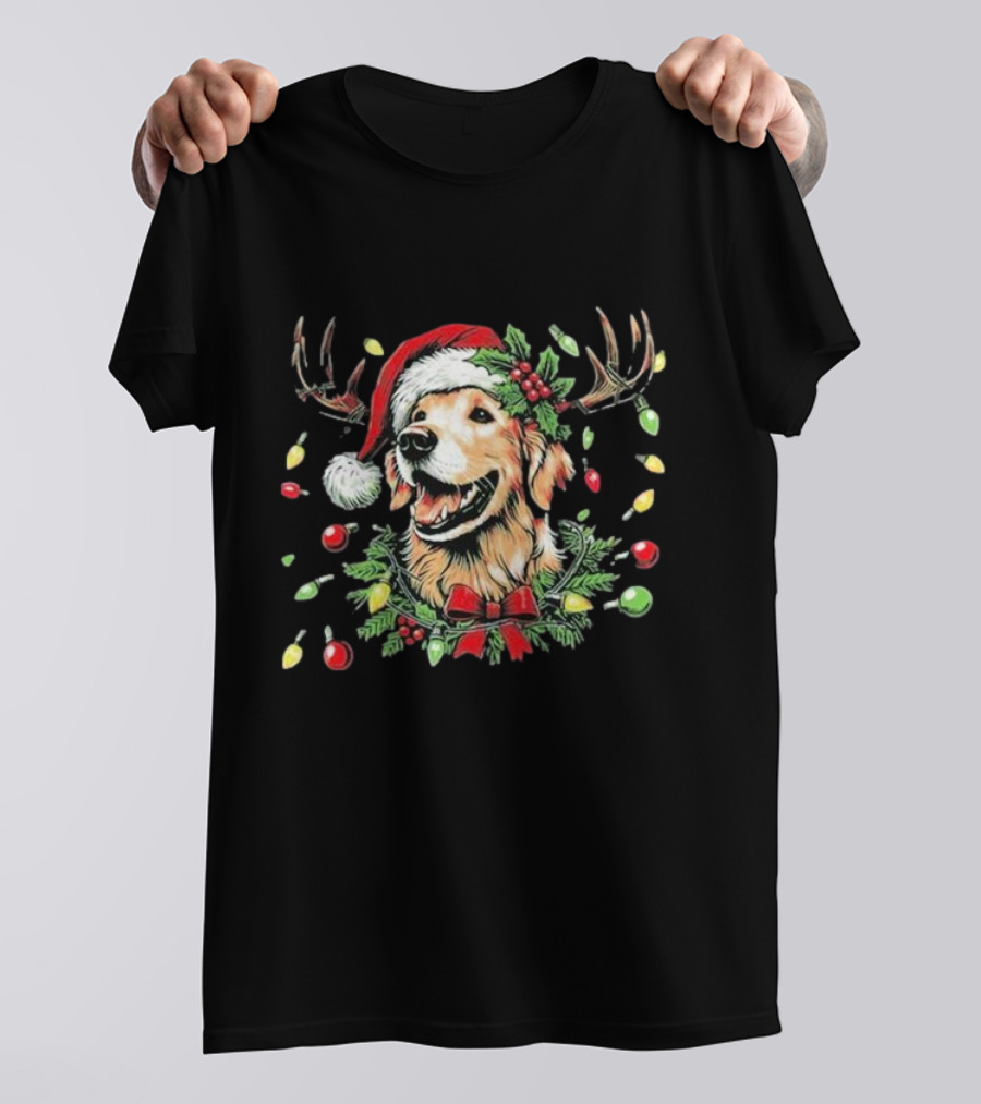 Christmas 2024 Reindeer Antlers Santa Hat Dog Festive Lights T-Shirt