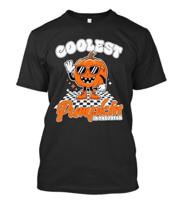 Coolest Pumpkin In The Patch Halloween 2024 Black And White Checkered Background Sunglasses T-Shirt