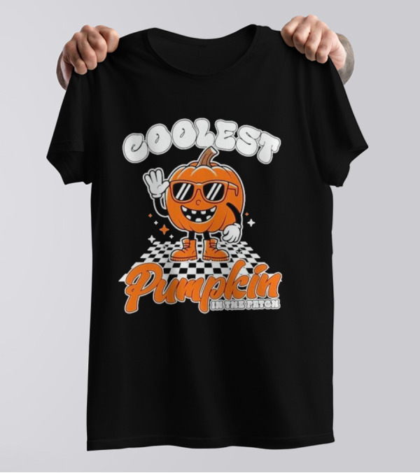 Coolest Pumpkin In The Patch Halloween 2024 Black And White Checkered Background Sunglasses T-Shirt