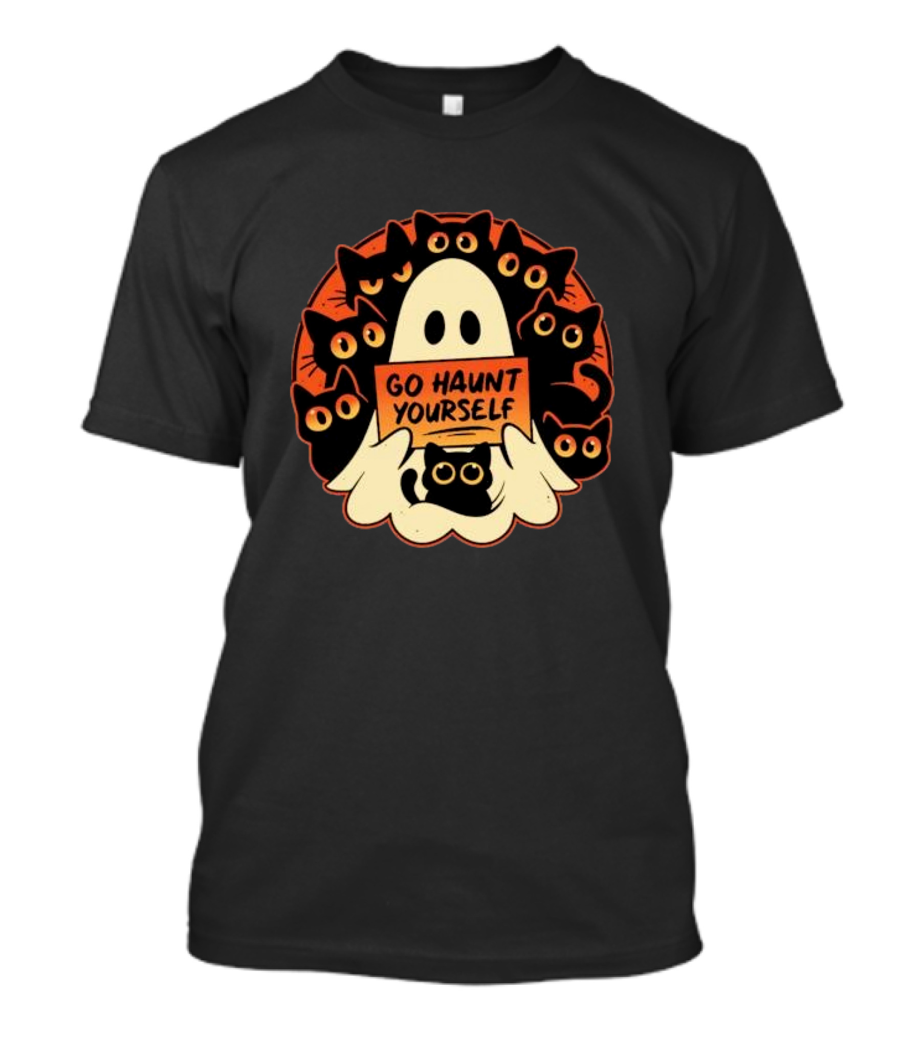 Go Haunt Yourself Ghost Surrounded By Black Cats Lucy Felthouse T-Shirt