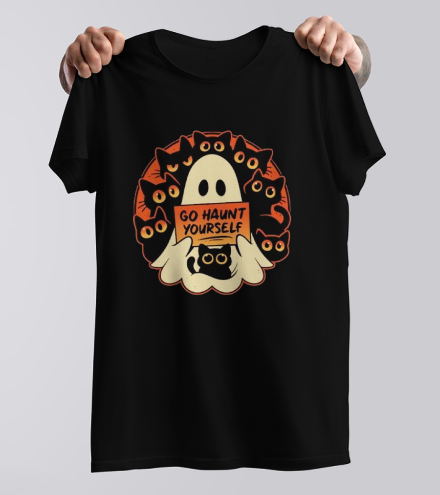 Go Haunt Yourself Ghost Surrounded By Black Cats Lucy Felthouse T-Shirt