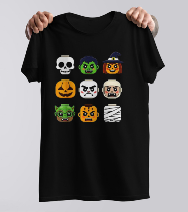 Lego Brick Heads Halloween Skull Witch Pumpkin Ghost Zombie Frankenstein Mummy Boys T-Shirt