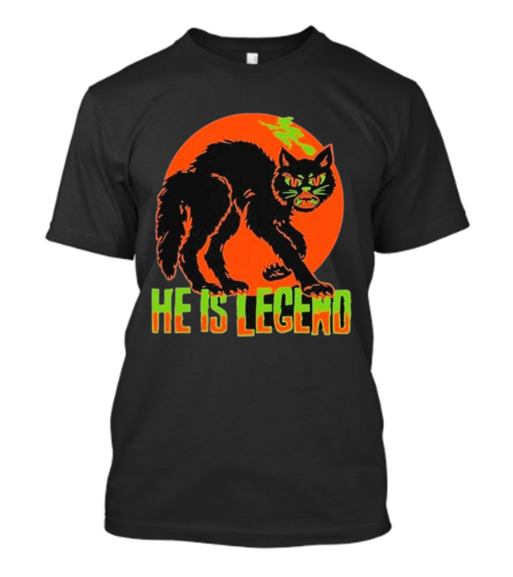 He Is Legend Spooky Cat Halloween Orange Moon Green Text T-Shirt