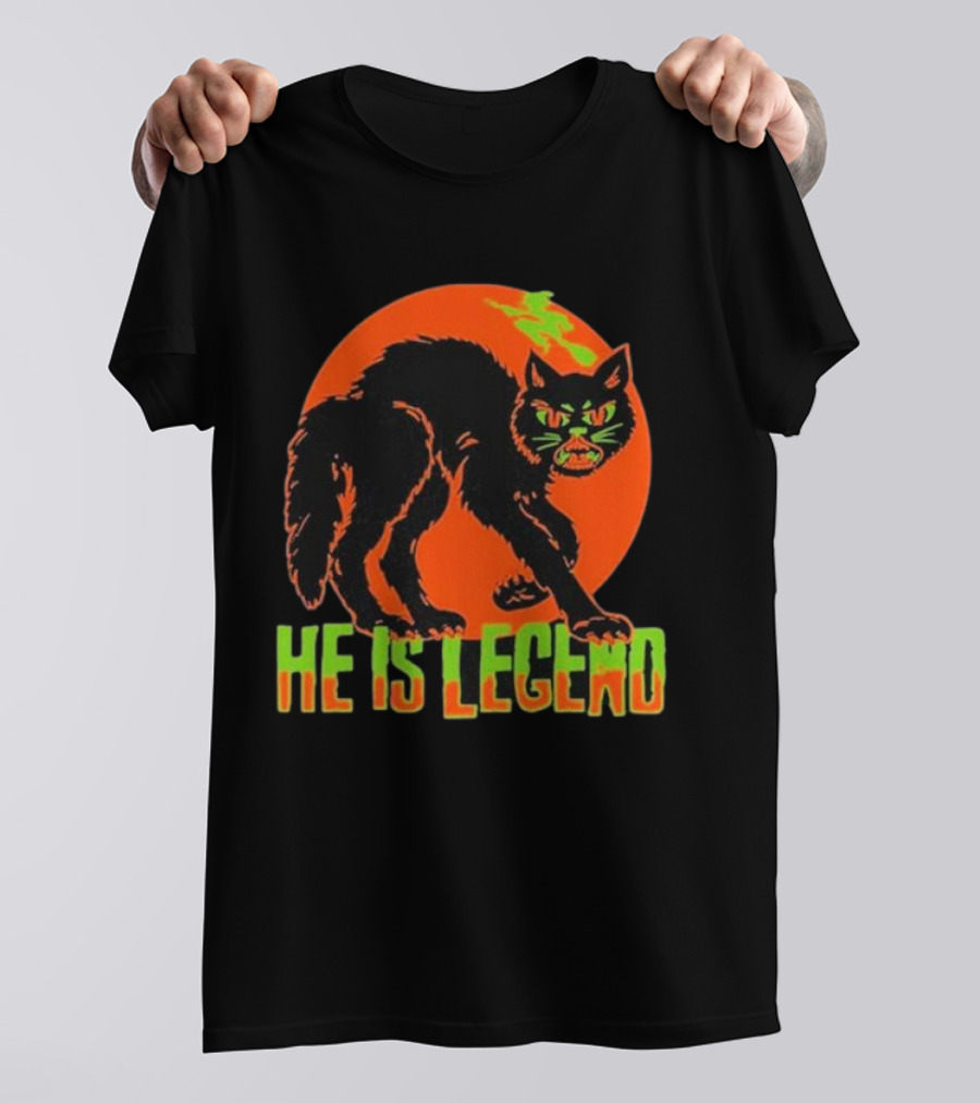 He Is Legend Spooky Cat Halloween Orange Moon Green Text T-Shirt