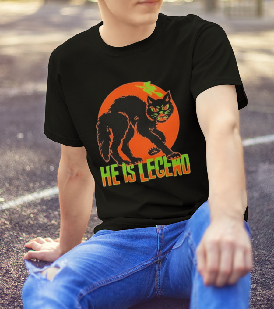 He Is Legend Spooky Cat Halloween Orange Moon Green Text T-Shirt