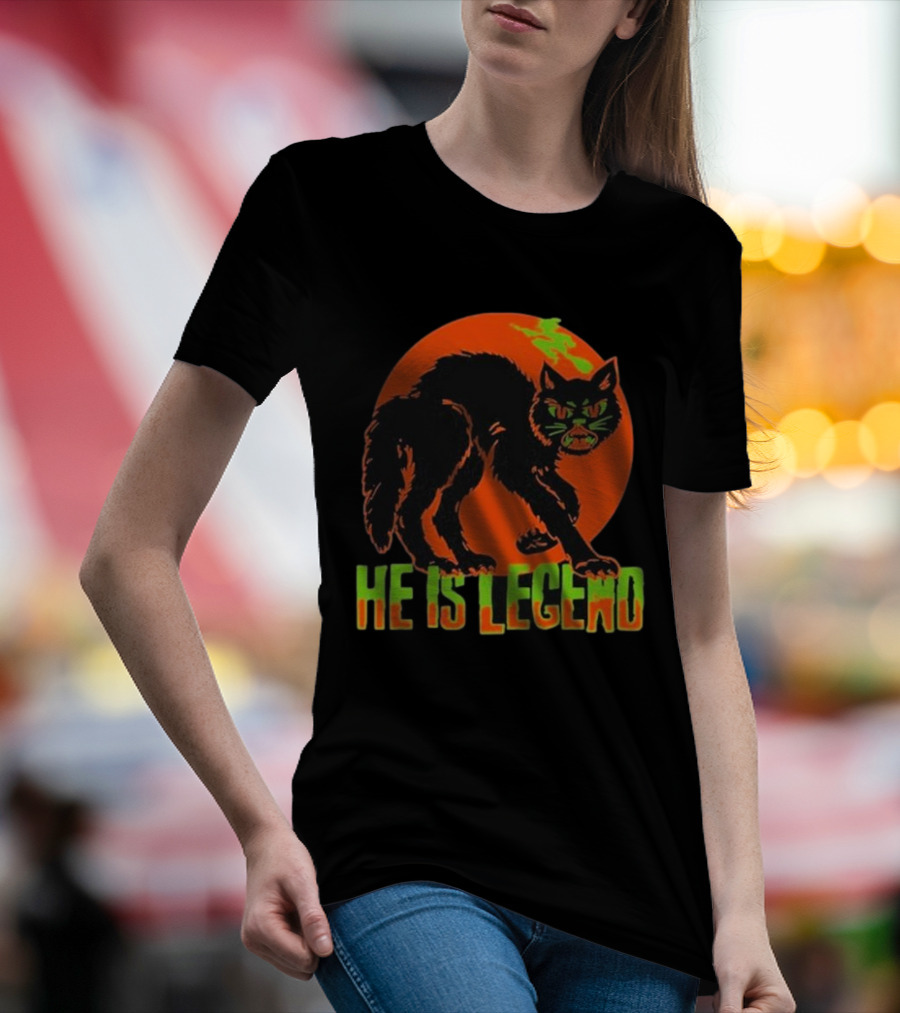 He Is Legend Spooky Cat Halloween Orange Moon Green Text T-Shirt