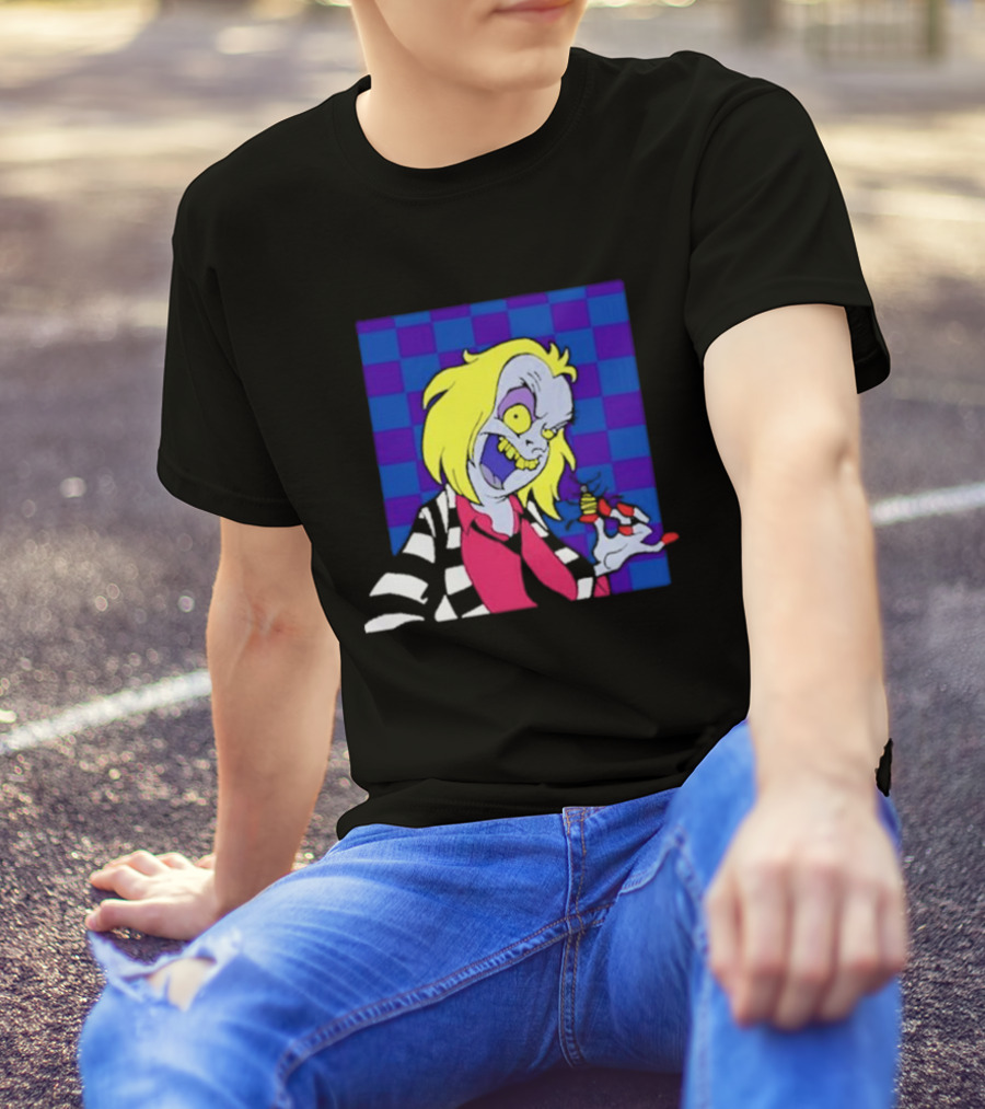 Pan Pizza Beetlejuice Cartoon Checkered Background T-Shirt