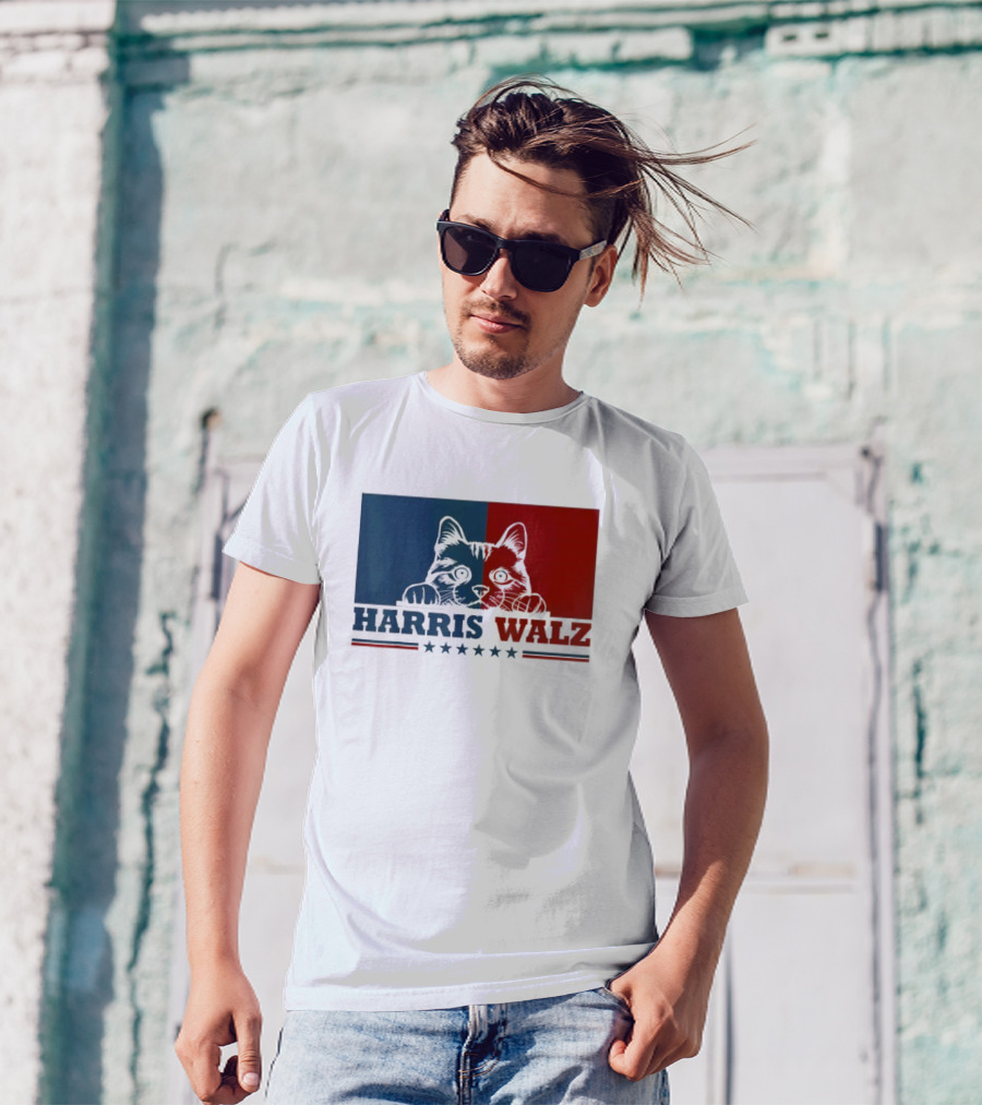Harris Walz 2024 Cat Election Kamala Harris Tim Walz Blue Red Political T-Shirt