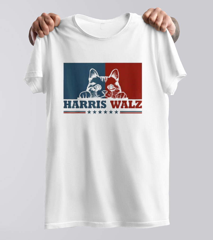Harris Walz 2024 Cat Election Kamala Harris Tim Walz Blue Red Political T-Shirt