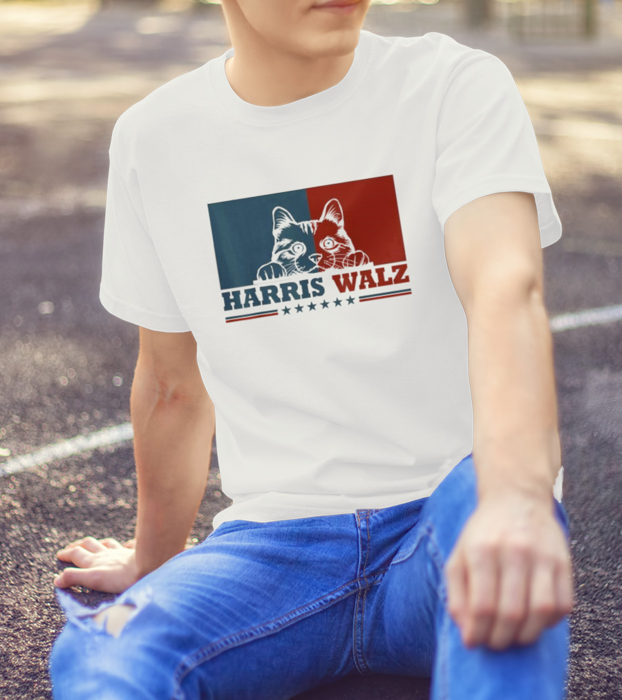 Harris Walz 2024 Cat Election Kamala Harris Tim Walz Blue Red Political T-Shirt
