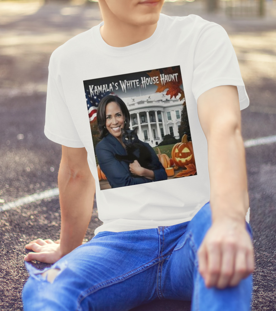Kamala Harris White House Haunt Halloween 2024 With Black Cat And Pumpkins T-Shirt
