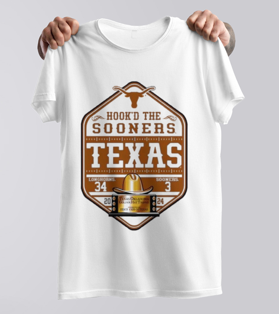 Hook'd The Sooners Texas Longhorns 34 Sooners 3 Red River Rivalry 2024 State Fair Of Texas T-Shirt