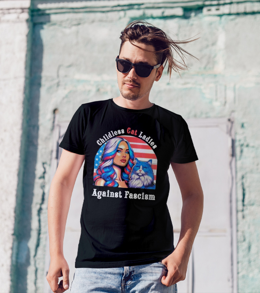 Childless Cat Ladies Against Fascism American Flag Woman And Blue Cat T-Shirt