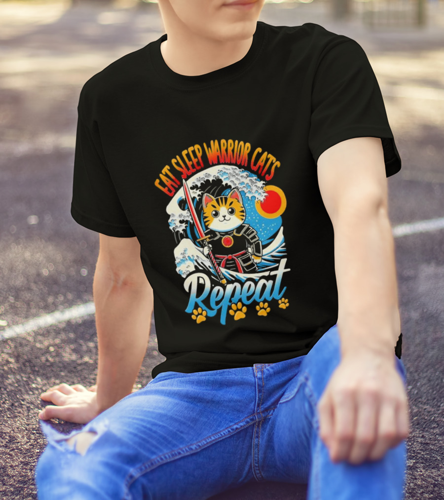 Eat Sleep Warrior Cats Repeat Great Wave Samurai Cat T-Shirt