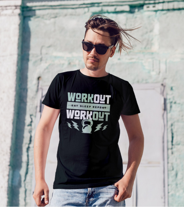 WORKOUT EAT SLEEP REPEAT WORKOUT KETTLEBELL LIGHTNING BOLTS T-Shirt