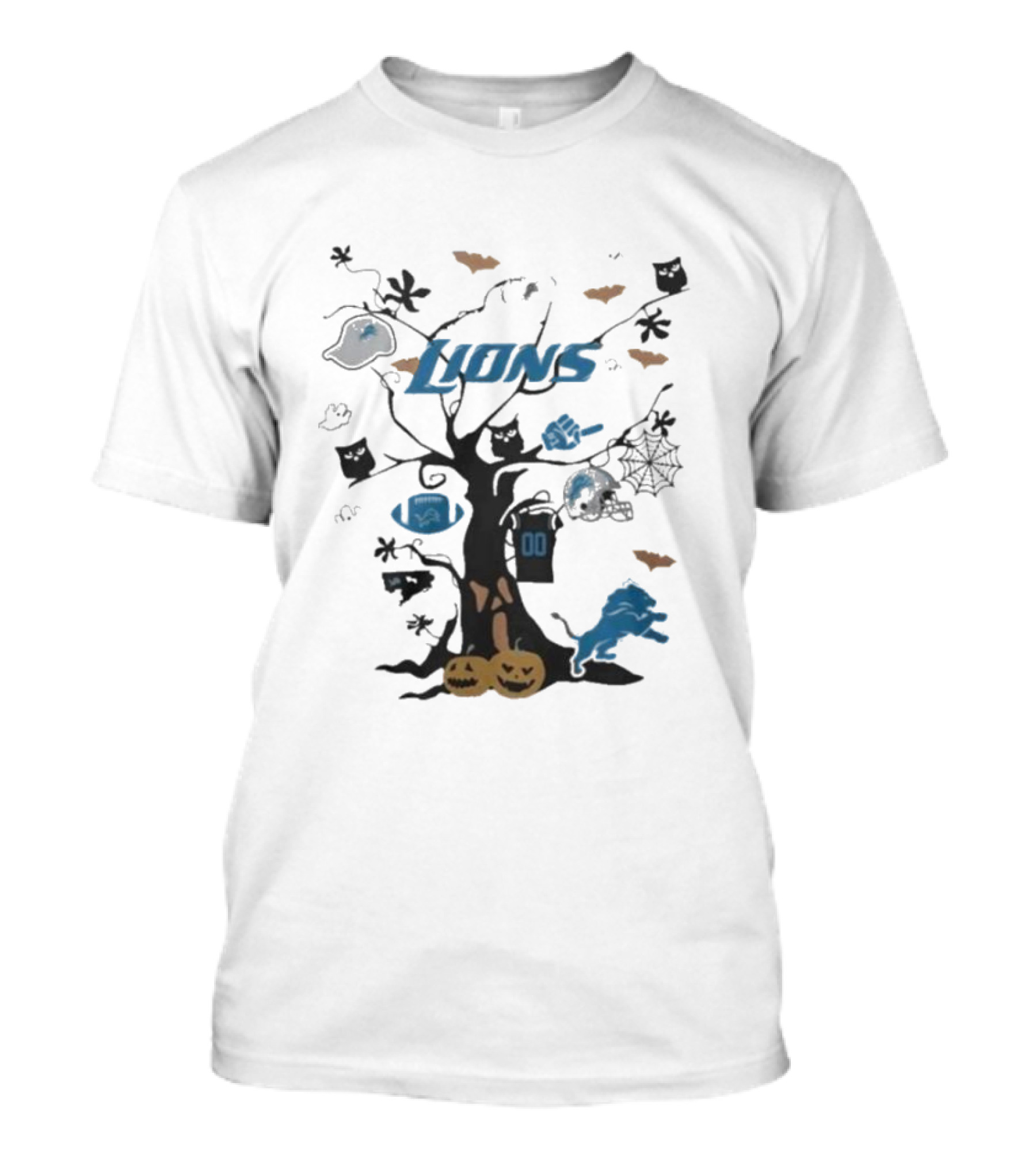 Tree Halloween Detroit Lions NFL Team 2024 Bats Pumpkins Helmets Ghosts Cats T-Shirt