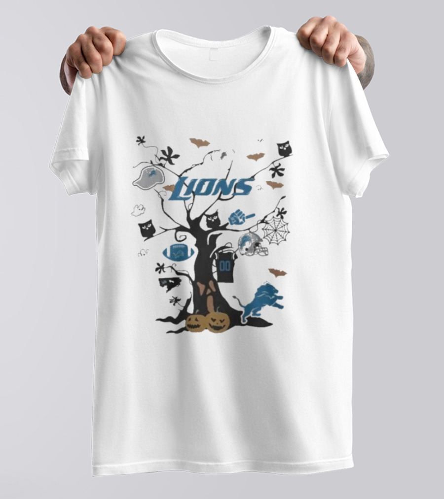 Tree Halloween Detroit Lions NFL Team 2024 Bats Pumpkins Helmets Ghosts Cats T-Shirt