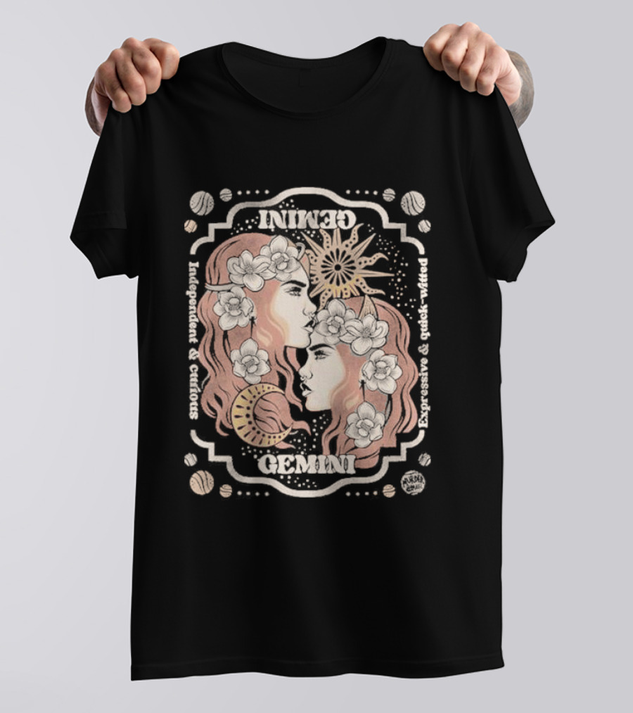 Gemini Independent Curious Expressive Quick Witted Zodiac Sun Moon Floral T-Shirt
