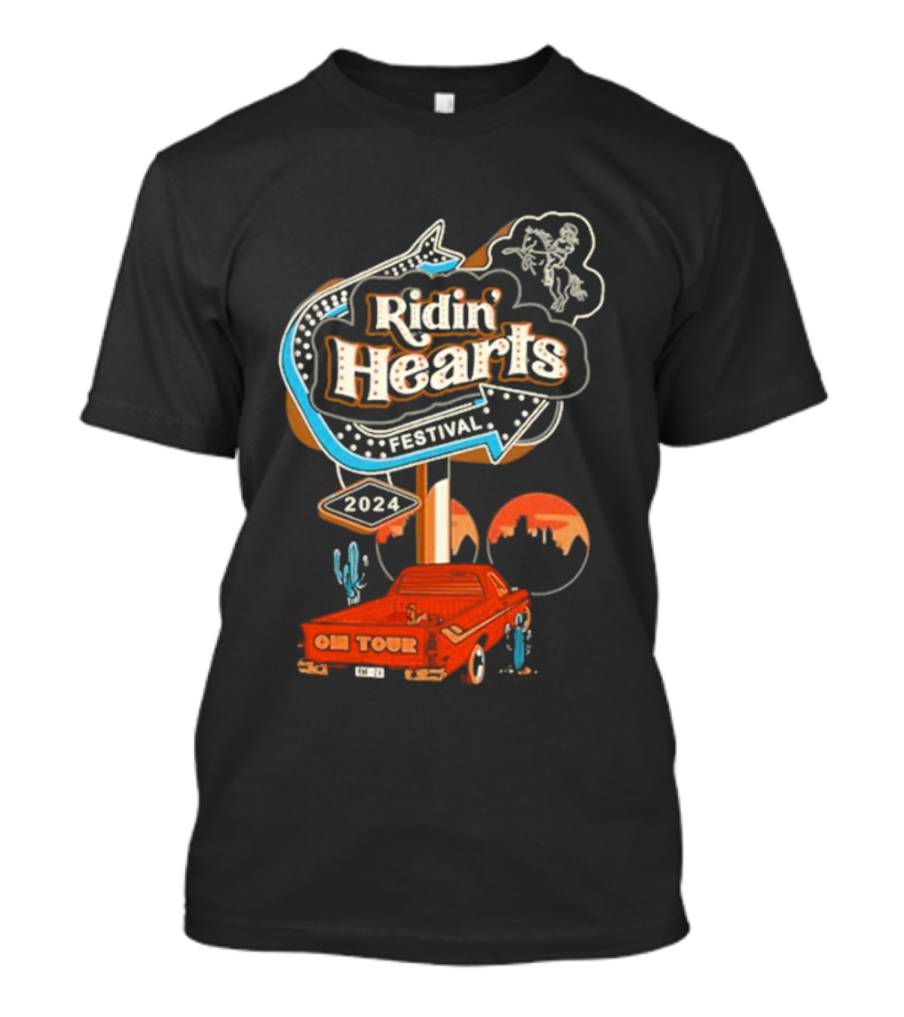 Ridin Hearts Festival 2024 On Tour Retro Neon Sign Cowboy Pickup Desert Scene T-Shirt