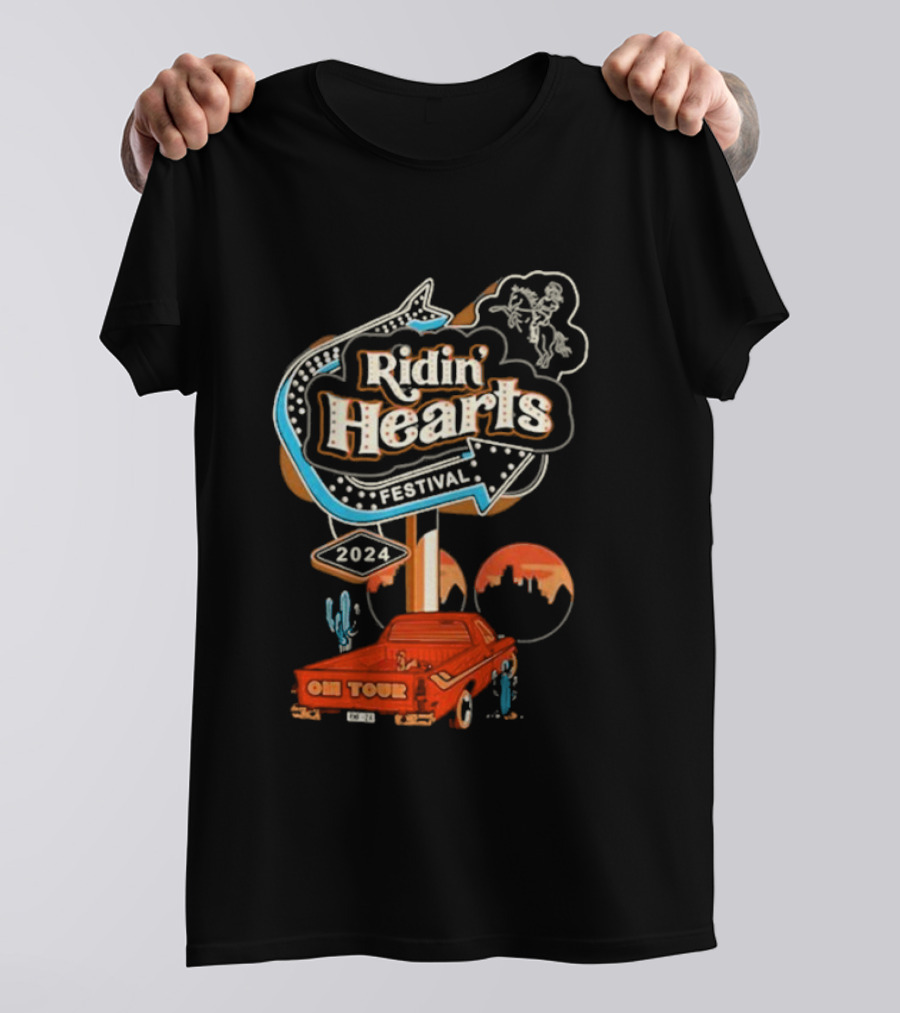 Ridin Hearts Festival 2024 On Tour Retro Neon Sign Cowboy Pickup Desert Scene T-Shirt