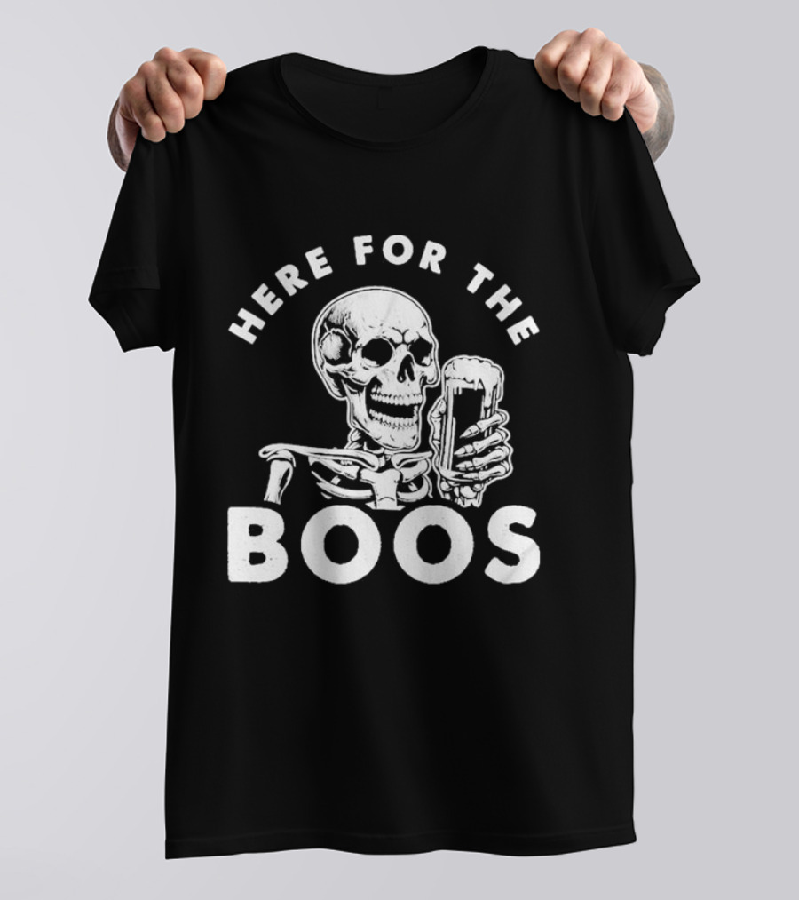 Halloween Skeleton With Beer Here For The Boos T-Shirt