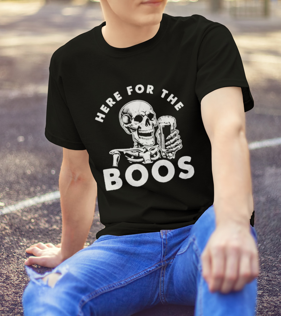 Halloween Skeleton With Beer Here For The Boos T-Shirt