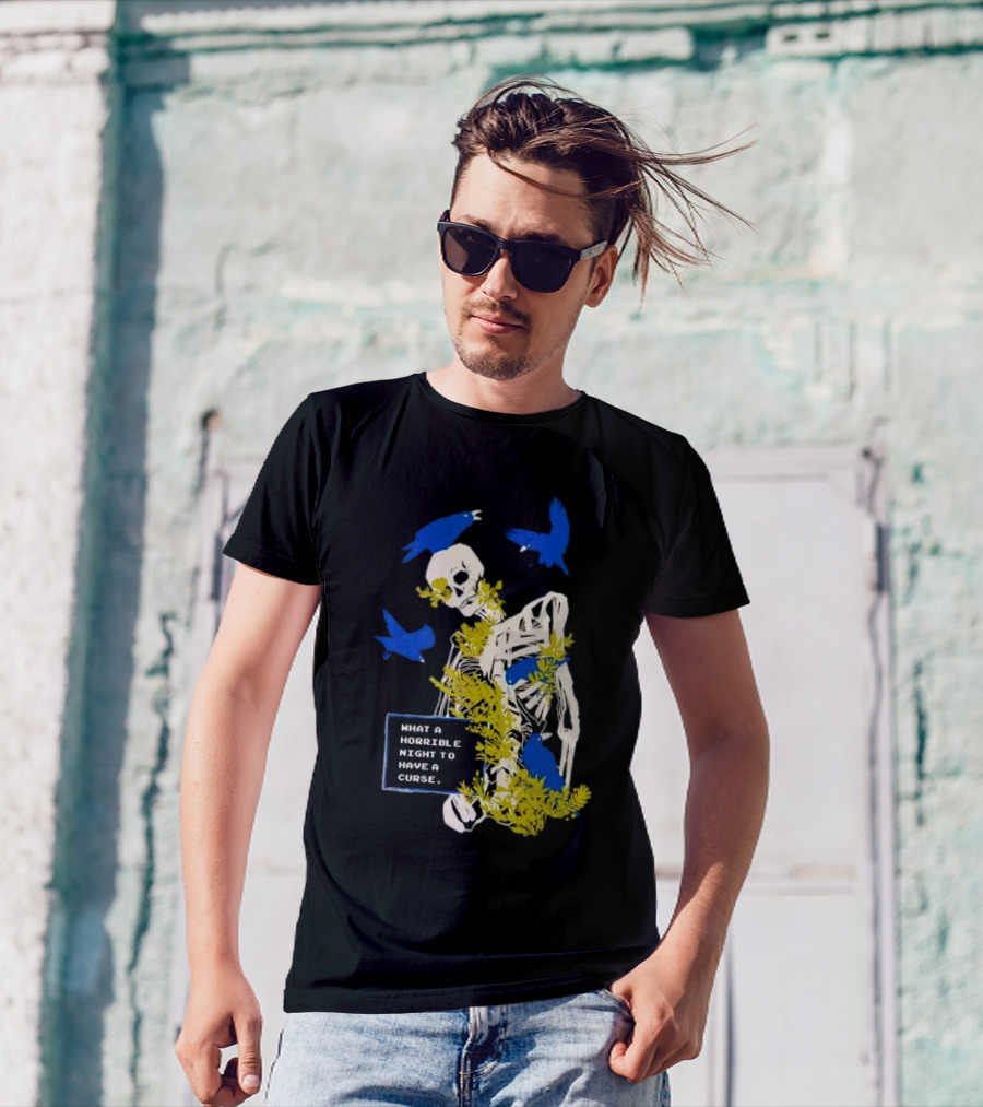 Bandage Brigade Skeleton With Blue Birds And Vines What A Horrible Night To Have A Curse T-Shirt