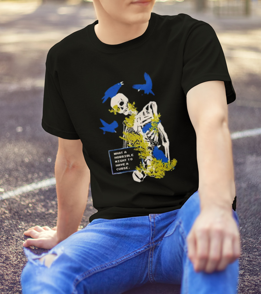 Bandage Brigade Skeleton With Blue Birds And Vines What A Horrible Night To Have A Curse T-Shirt