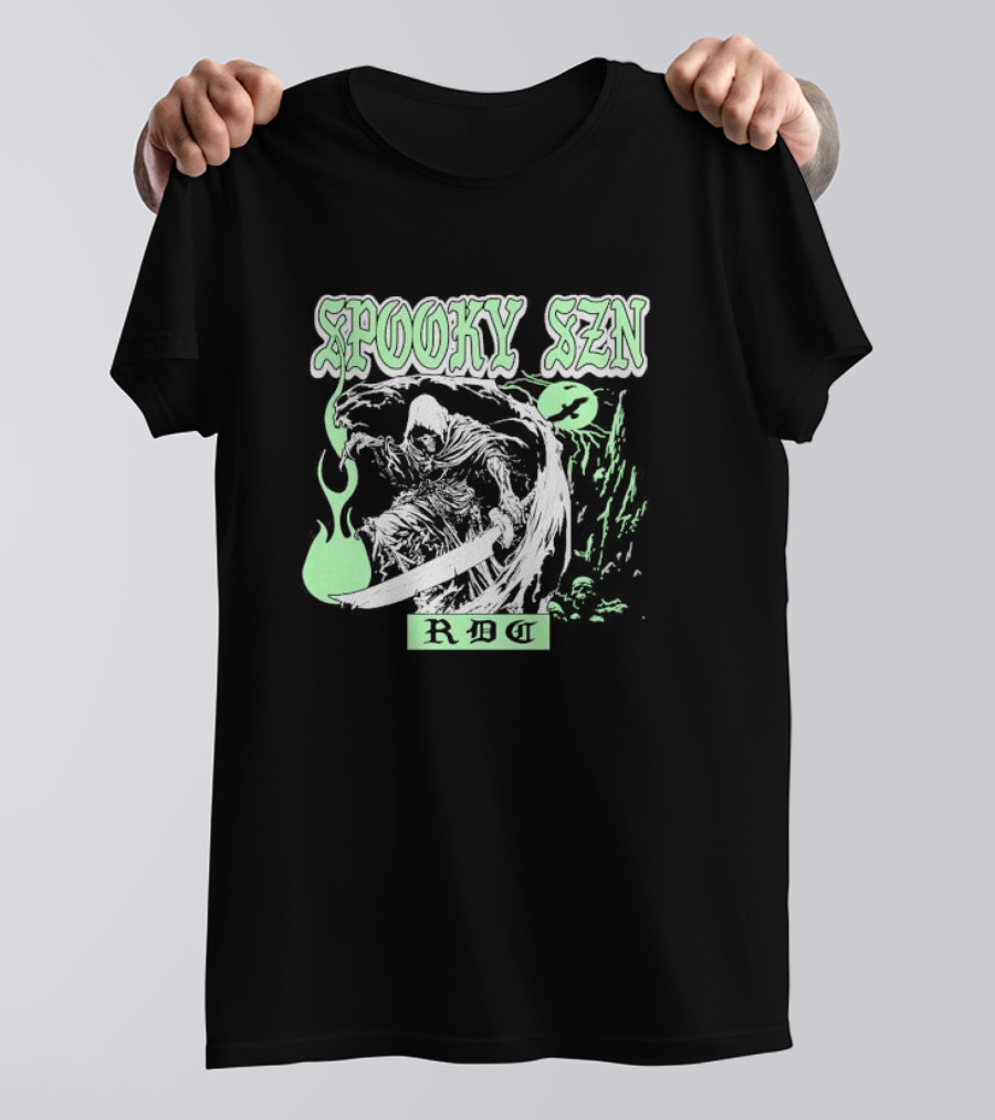 Spooky Szn RBG Grim Reaper With Sword And Green Flames T-Shirt