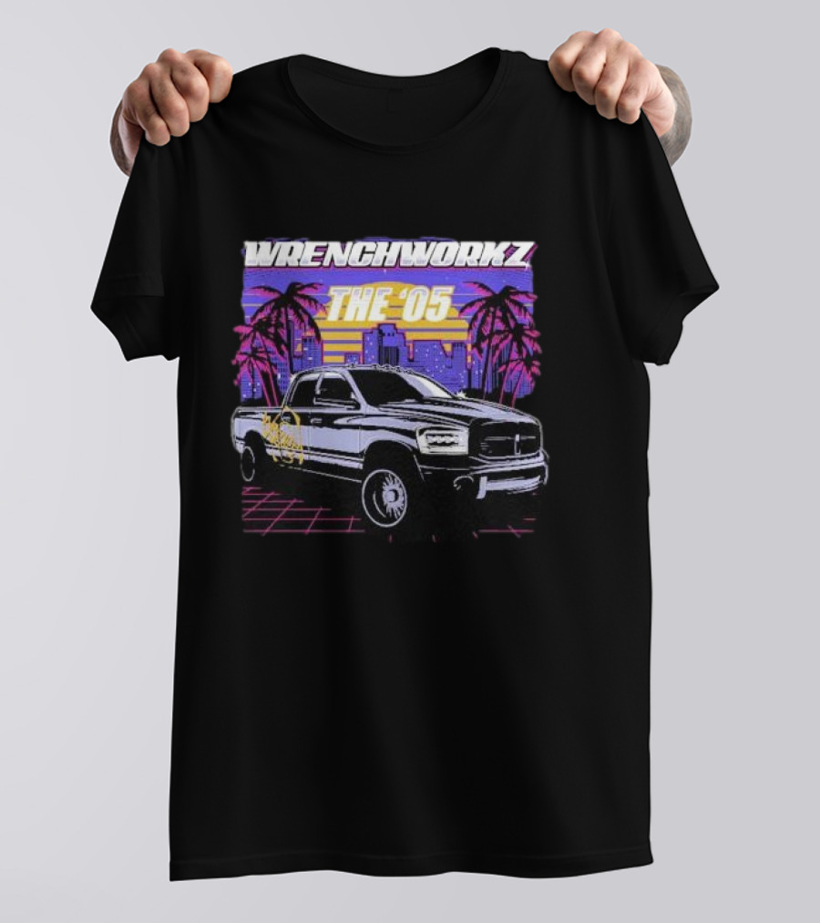 Wrench Workz The '05 Retro Truck And Palm Trees Neon Cityscape T-Shirt