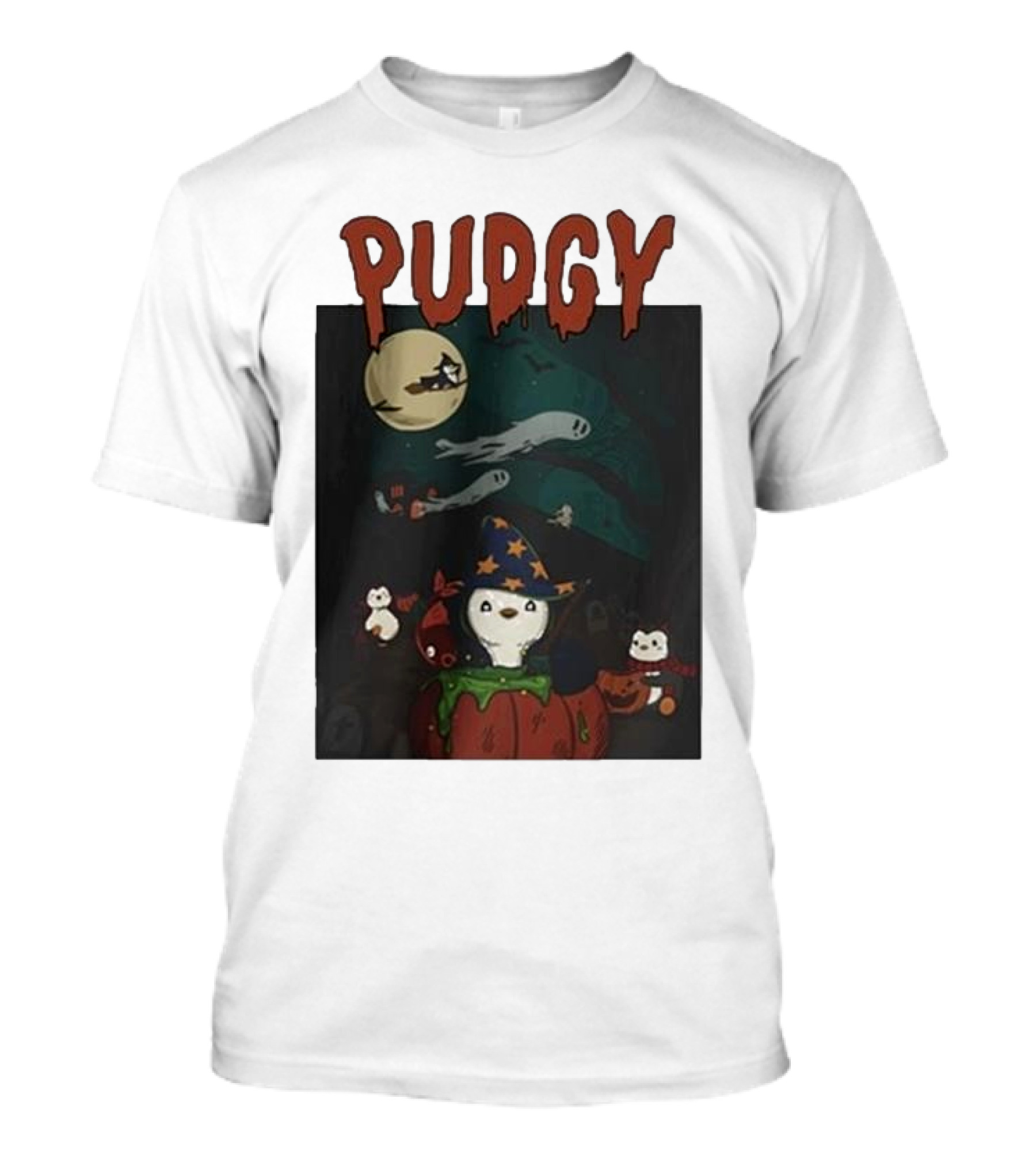 Pudgy Penguins Witch Hat Spooky Ghosts Halloween Scene T-Shirt