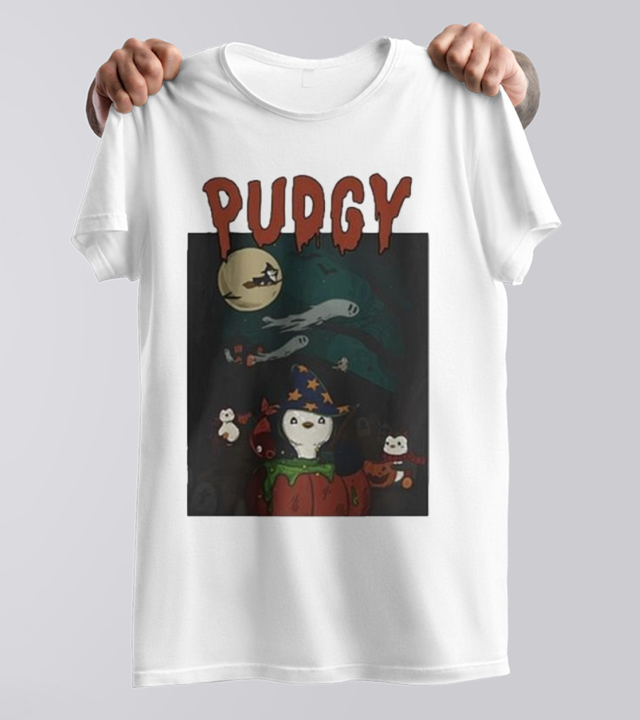 Pudgy Penguins Witch Hat Spooky Ghosts Halloween Scene T-Shirt
