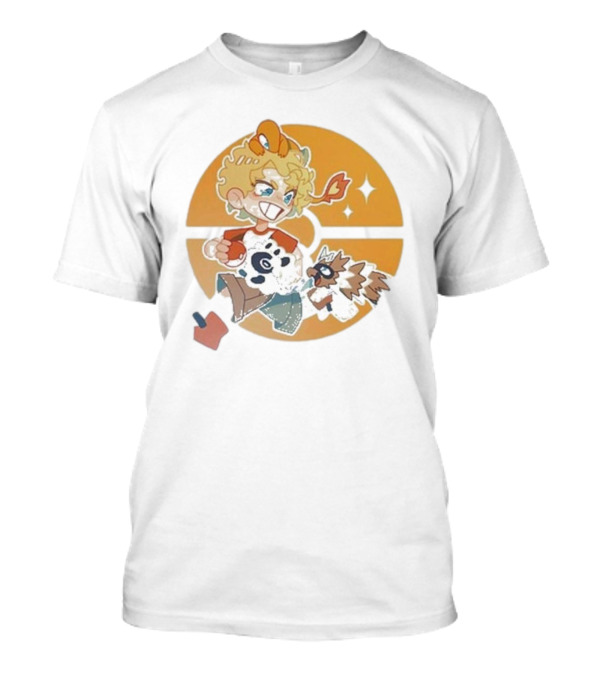 Snifferish Pokemon 2024 Trainer With Squirtle And Rockruff Characters On Orange Pokeball Background T-Shirt