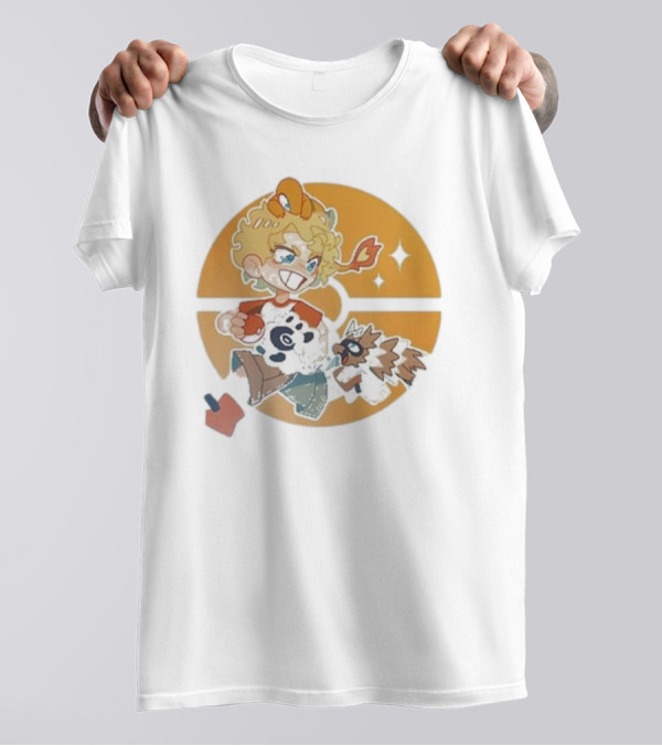 Snifferish Pokemon 2024 Trainer With Squirtle And Rockruff Characters On Orange Pokeball Background T-Shirt