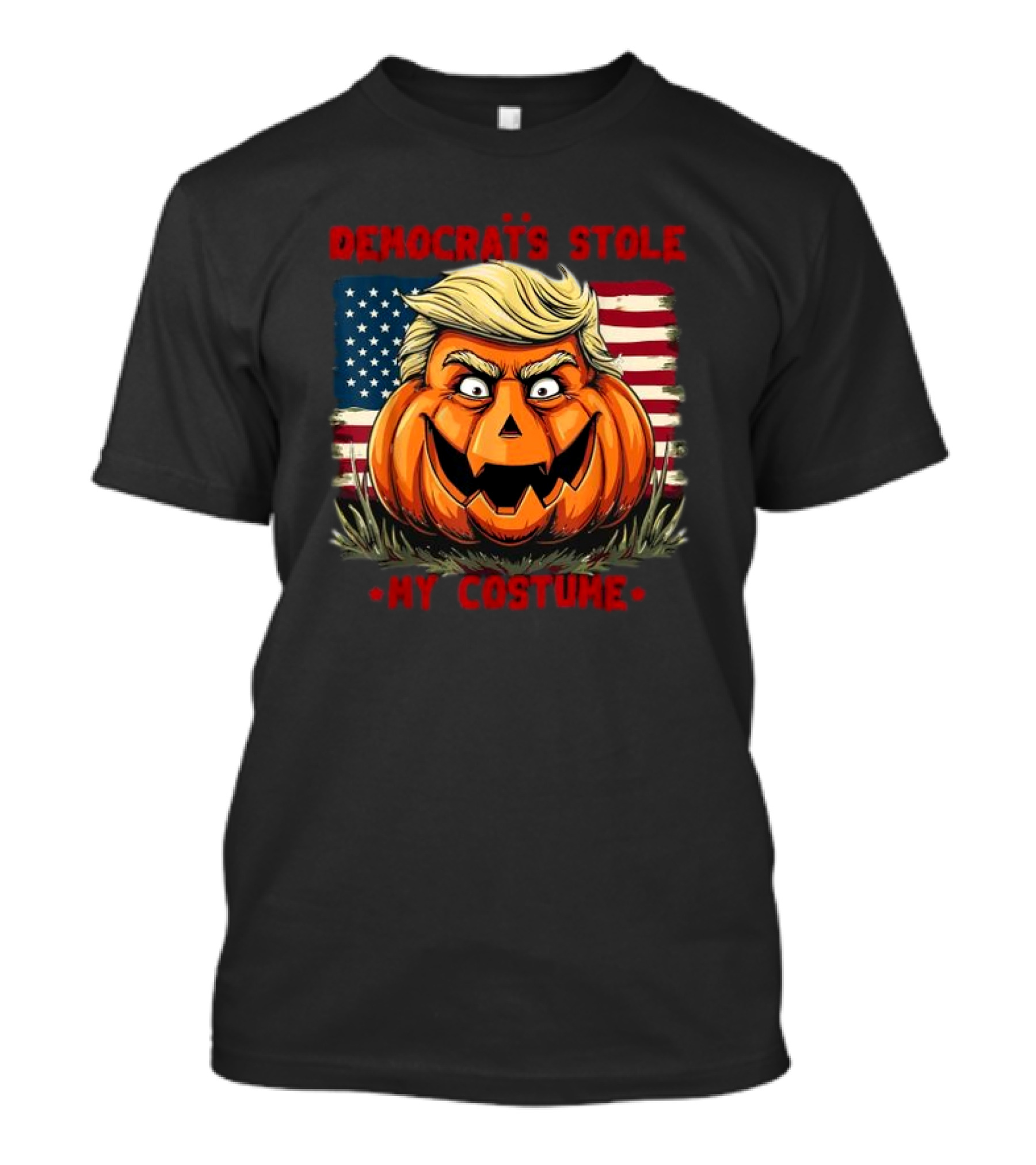 Democrats Stole My Costume 2024 Halloween Pumpkin With Blond Hair American Flag Background T-Shirt