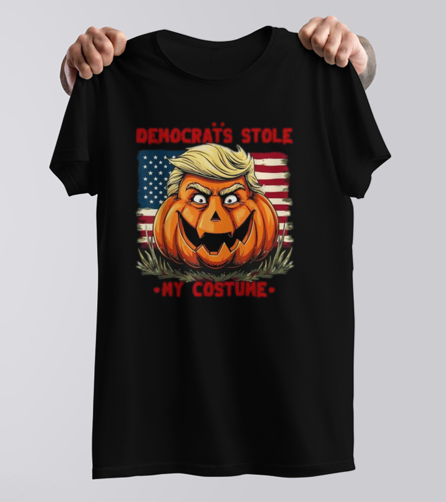 Democrats Stole My Costume 2024 Halloween Pumpkin With Blond Hair American Flag Background T-Shirt