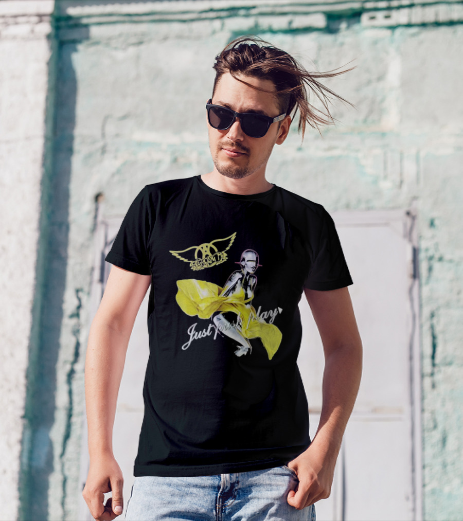 Aerosmith Just Push Play Logo With Futuristic Figure And Yellow Dress T-Shirt