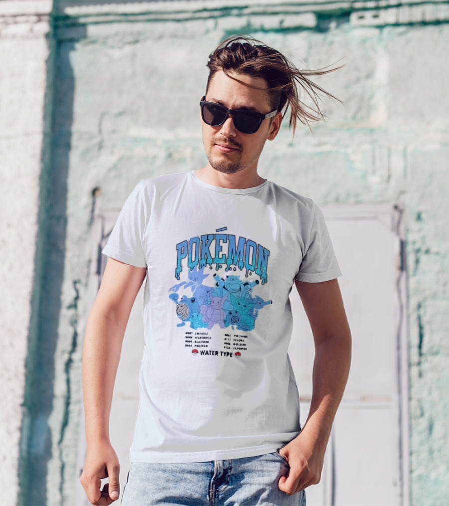 POKEMON Water Type Squirtle Wartortle Blastoise Poliwag Psyduck Golduck Poliwhirl Seadra Vaporeon T-Shirt